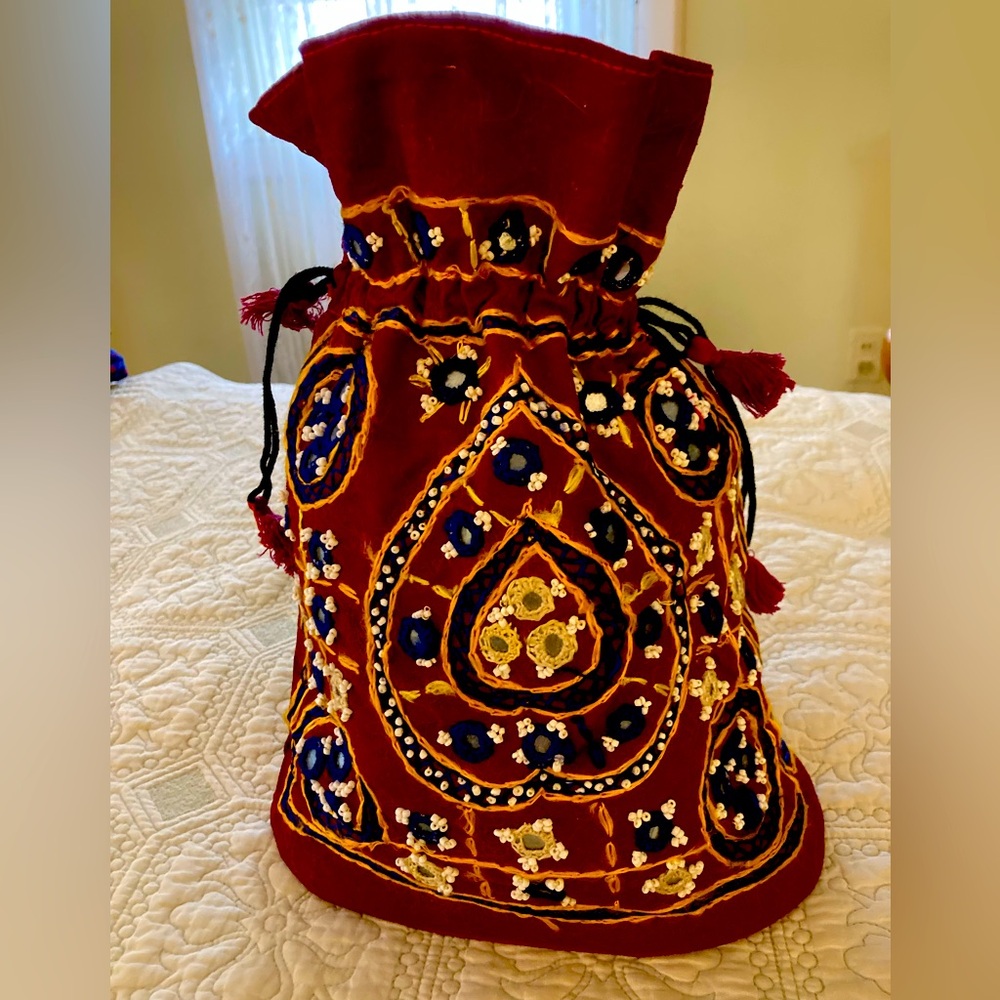 Gorgeous Hand loomed  Cotton Drawstring Bag Intricate Embroidery Hard Bottom